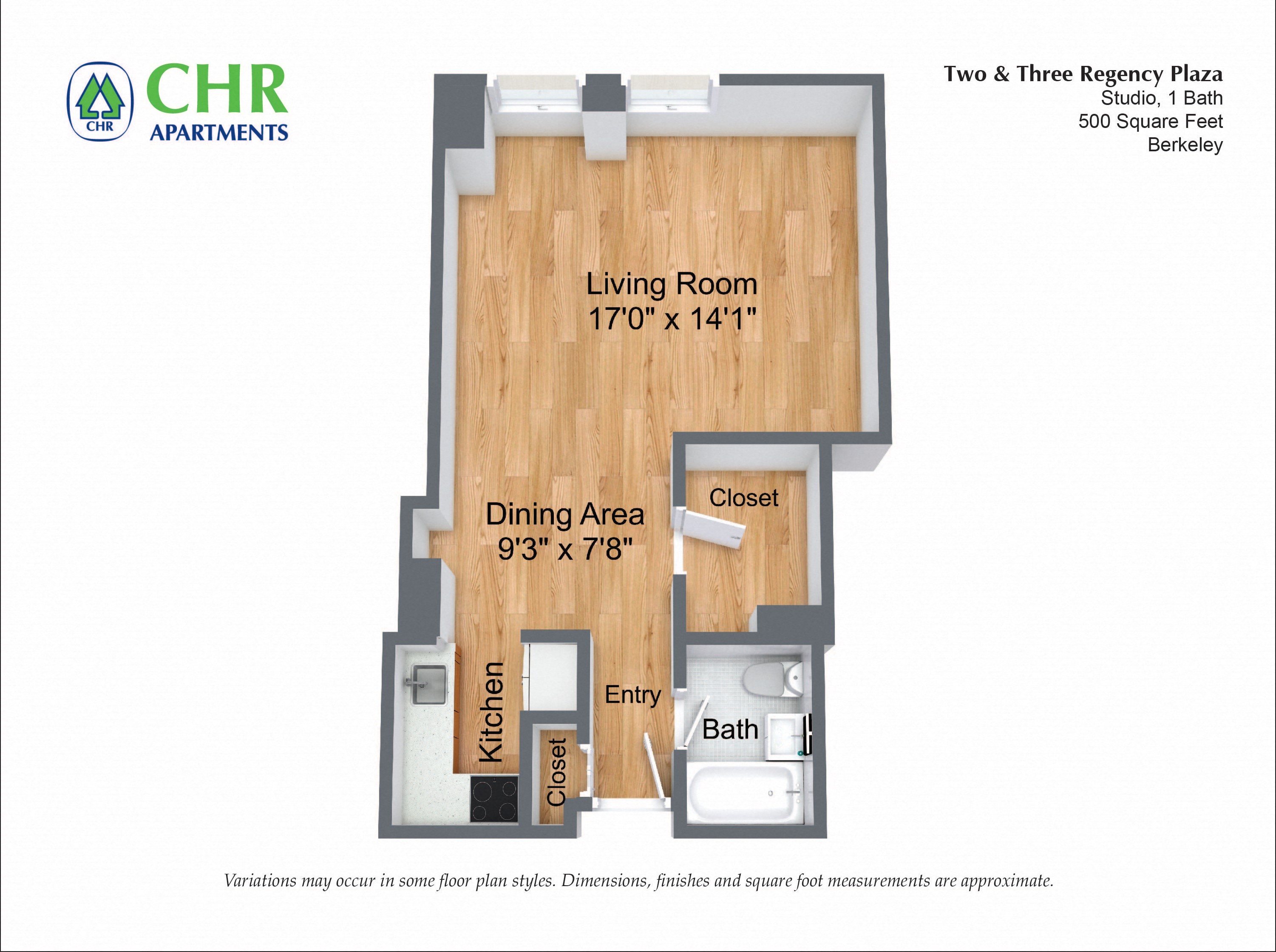 Floor plan for studio, 1 bath, 526 sqft